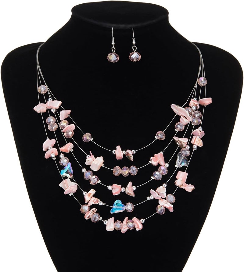 Errally Store Multi-Layer Boho Shell Beaded Necklace for Women Colorful Crystal Strand with Silver Beads Statement Collars Necklace and Earrings Costumes Jewelry Sets for Women - Image 4